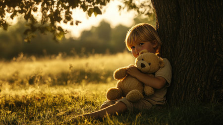 A peaceful scene featuring a young child resting against a tree while hugging a teddy bear, illuminated by warm sunlight, capturing the essence of childhood and serenity.の素材