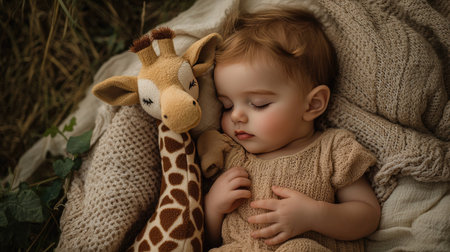 A serene moment of a baby sleeping next to a plush giraffe toy, enveloped in soft textiles, capturing the essence of comfort, innocence, and tranquility in a natural setting.の素材