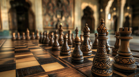 A beautifully crafted wooden chess set showcased in a historic setting, featuring elegant pieces and warm lighting that enhances the atmosphere for strategic play.の素材