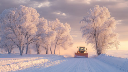 A snow plow clears a pristine winter roadway framed by majestic frosty trees, embodying the calm and beauty of a serene snowy morning in a rural landscape.の素材