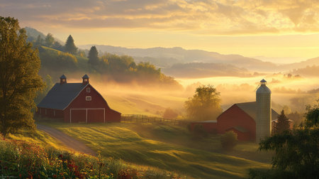 Experience a tranquil farm landscape at dawn, featuring red barns set against rolling hills and a misty valley. A perfect scene of nature's beauty and serenity.の素材