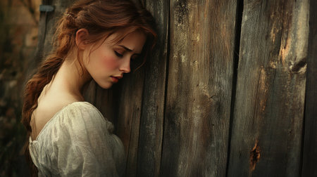 A captivating portrait of a young woman leaning against a rustic wooden wall. Her soft expression and gentle light enhance the mood of contemplation and beauty.の素材