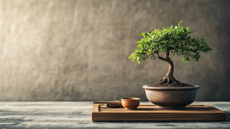 This artistic image showcases a bonsai tree sitting gracefully on a wooden tray, accompanied by a traditional bowl, embodying tranquility and elegance in a serene indoor environment.の素材