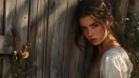 This striking portrait showcases a young woman in a rustic outdoor setting, capturing her beauty and thoughtful expression against a weathered wooden backdrop.の素材