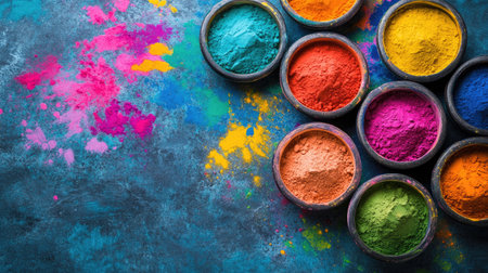 A stunning collection of vibrant powders arranged in bowls against a textured background, perfect for artistic projects, festivals, or creative designs that inspire joy and color.の素材