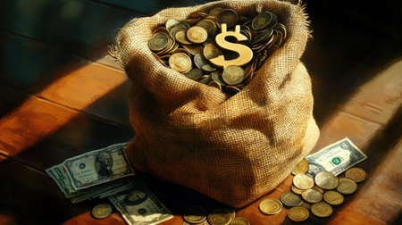 A burlap sack filled with coins and dollar bills, representing financial growth and wealth accumulation in a warm, inviting atmosphere. Perfect for finance-themed projects.の素材
