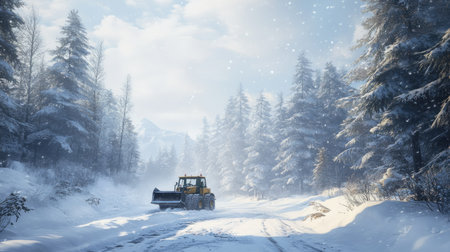 A serene winter landscape showcasing a yellow bulldozer clearing snow-covered paths amidst tall evergreen trees under a picturesque blue sky.の素材