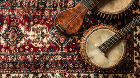 A beautiful arrangement of wooden string instruments on an intricate vintage rug, representing the rich cultural heritage and artistry of traditional music in a cozy setting.の素材