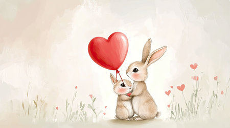 Heartwarming illustration of two bunny rabbits sharing a tender moment while holding a red heart balloon, set against a soft pastel background with flowers, ideal for love-themed projects.の素材