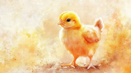 This delightful image features a charming yellow chick standing against a warm backdrop, symbolizing new beginnings and the beauty of nature's creations.の素材