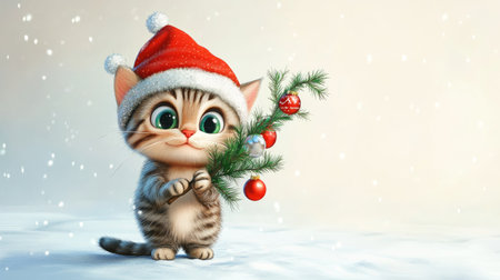 A charming kitten in a bright Santa hat holds a seasonal green branch adorned with ornaments, set against a snowy backdrop, capturing the spirit of Christmas joy.の素材