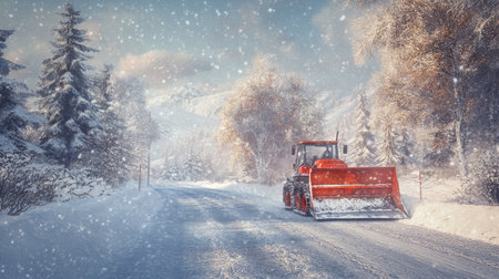 A bright red snow plow clears a snow-covered road in a beautiful winter landscape, with falling snow creating a serene atmosphere among the trees and mountains.の素材