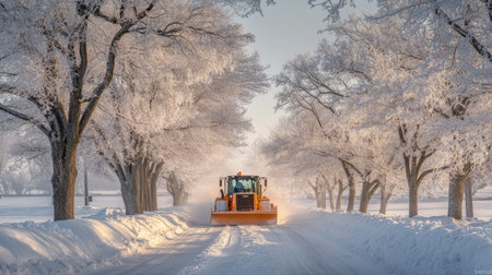 A snow plow operates on a snowy road flanked by frosted trees, capturing the essence of winter's beauty in a serene and peaceful rural landscape.の素材