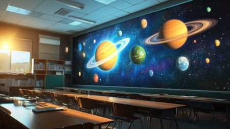 A bright classroom featuring a captivating mural of planets and stars, creating an inspiring atmosphere for students to explore space and science concepts.の素材