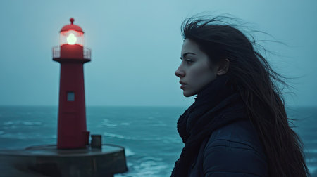 A young woman stands near a striking red lighthouse on a stormy coastline, lost in thought as the turbulent ocean waves crash nearby, capturing a moment of solitude and reflection.の素材
