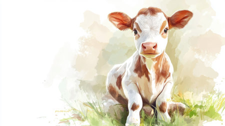 An adorable calf resting in a grassy field, surrounded by soft pastel hues, conveying a sense of innocence, nature's beauty, and rural charm perfect for animal and farm-themed projects.の素材