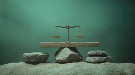 A striking image of scales representing justice, elegantly balanced on rocks underwater, creating an atmosphere of peace and tranquility with a soothing green backdrop.の素材
