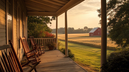 A serene country porch features wooden rocking chairs, offering a perfect view of sunlit fields and a charming red barn at dawn, embodying rural tranquility and natural beauty.の素材
