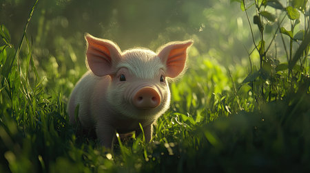 Adorable piglet resting in lush green grass, basking in warm sunlight, creating a heartwarming scene in nature, perfect for animal lovers and farm enthusiasts.の素材