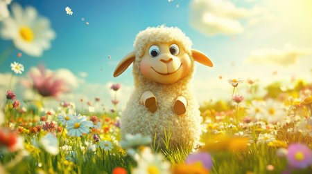 An enchanting animated sheep stands in a vibrant field filled with colorful flowers, surrounded by a bright blue sky and sunny atmosphere, perfect for children's illustrations.の素材