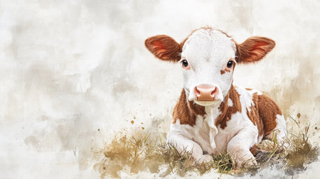 A charming young calf rests in a serene setting, showcasing its soft features and gentle expression, representing the beauty of nature and farm life. Perfect for animal lovers.の素材