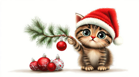 This charming illustration features an adorable kitten wearing a Santa hat, holding a festive ornament and surrounded by colorful Christmas decorations, perfect for holiday projects.の素材