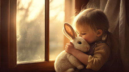 A heartwarming scene of a young girl cuddling her bunny toy by the window, radiating warmth and joy, emphasizing the beauty of childhood and tender moments.の素材