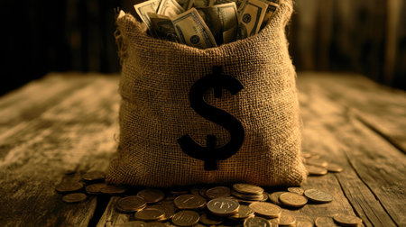 A burlap sack filled with cash and coins rests on a wooden surface, highlighting themes of wealth and financial growth in a warm, rustic atmosphere.の素材