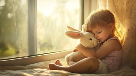 A heartwarming scene capturing a young girl lovingly holding her plush bunny while sitting by a sunlit window, radiating warmth and tranquility in a cozy living space.の素材