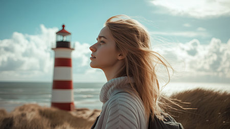 A serene image of a young woman with flowing hair standing beside a colorful lighthouse, captured against a backdrop of clouds and ocean waves, evoking a sense of peace and adventure.の素材