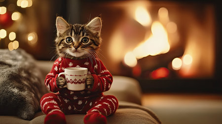 A charming kitten dressed in a festive sweater enjoys a warm drink by the fireplace, capturing a delightful winter scene of comfort and joy during the holiday season.の素材