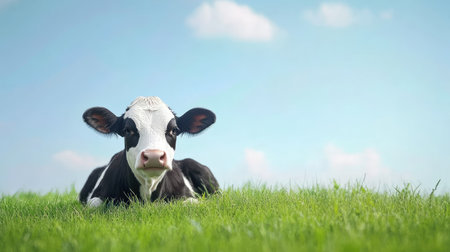 A charming black and white calf rests comfortably on lush green grass, showcasing a picturesque rural scene under a bright blue sky with fluffy clouds.の素材