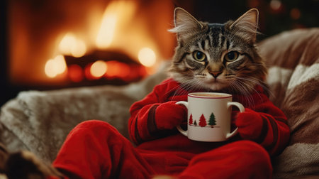 This heartwarming image captures a cozy cat in red pajamas enjoying a hot beverage by a glowing fireplace, embodying the spirit of holiday warmth and festive cheer.の素材