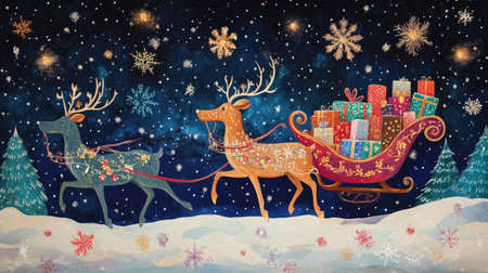 A whimsical illustration featuring two reindeer pulling a vibrant sleigh full of colorful gifts through a snowy landscape adorned with sparkling snowflakes.の素材