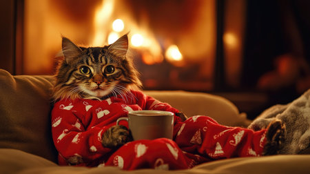 A charming cat in bright red pajamas sits comfortably by a crackling fireplace, holding a warm drink, creating an inviting scene of winter coziness and relaxation.の素材