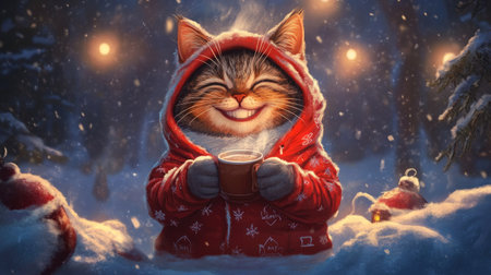 A cheerful cat wearing a red hoodie holds a warm drink, surrounded by a snowy landscape illuminated by soft festive lights, evoking a delightful holiday spirit.の素材