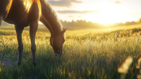 A tranquil scene featuring a horse grazing in a lush green field, illuminated by the soft golden light of sunset, capturing the serene beauty of nature.の素材