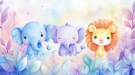 Delightful illustration of cheerful baby elephants and a lion in soft pastel colors, perfect for children's artwork and vibrant decor, evoking joy and creativity.の素材