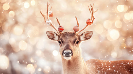 A beautiful reindeer with adorned antlers stands gracefully against a softly lit snowy backdrop, embodying the enchantment of winter celebrations and the holiday spirit.の素材