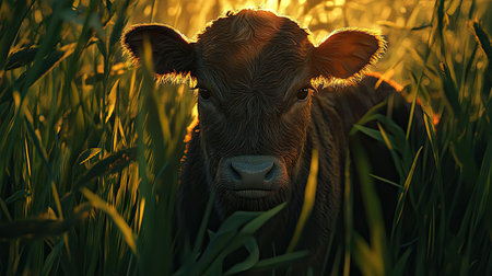 A serene portrait of a young calf nestled in a sunlit meadow, surrounded by tall grass. The warm golden glow highlights its features, showcasing its innocence and peaceful nature.の素材