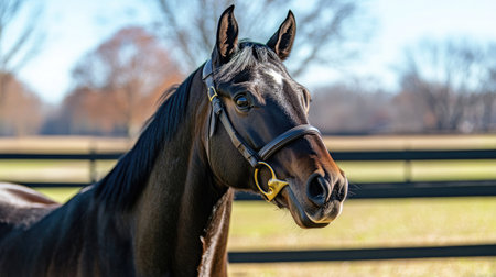 A stunning portrait of a thoroughbred horse in a peaceful pasture, showcasing its grace and strength against a backdrop of blue sky and green grass in a serene rural setting.の素材