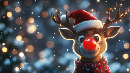 This vibrant cartoon reindeer brings joy during the festive season with its bright red nose and winter accessories, perfect for holiday-themed projects.の素材