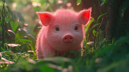 A charming scene featuring a cute pink piglet playfully exploring a vibrant forest, illuminated by sunlight filtering through lush greenery, embodying innocence and joy.の素材