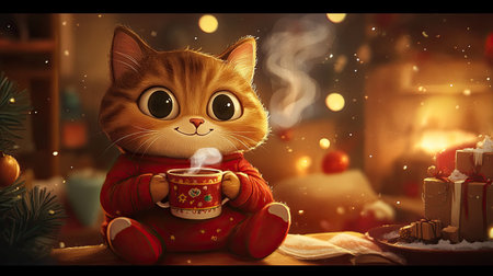 A charming cartoon cat wearing a cozy sweater enjoys a warm drink by the fireplace, surrounded by festive decorations and soft snowflakes, perfect for winter warmth.の素材