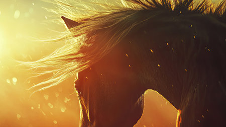 This stunning image features a horse silhouette illuminated by a vibrant sunset, showcasing the elegant flow of its mane and the beauty of nature.の素材