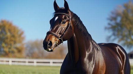 Stunning portrait of a majestic brown horse in a lush green field, showcasing its beauty and elegance against a backdrop of a clear sky and autumn trees. Perfect for nature lovers.の素材