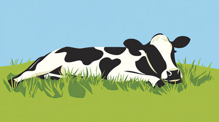 A charming vector illustration of a dairy cow resting on lush green grass under a clear blue sky, capturing the essence of rural life and tranquility in farm environments.の素材