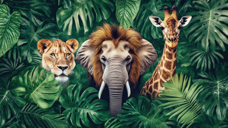 Captivating wildlife scene showcasing a lion, elephant, and giraffe surrounded by rich tropical foliage, perfect for nature enthusiasts and wildlife conservation themes.の素材