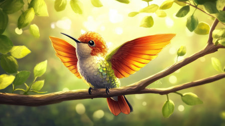 A vivid hummingbird displays intricate feathers while perched on a branch, surrounded by green leaves and illuminated by soft golden sunlight, creating a tranquil scene.の素材