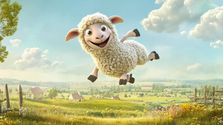 A cheerful cartoon sheep leaps joyfully in a colorful animated landscape, showcasing a sunny meadow filled with flowers, under a beautiful blue sky with fluffy clouds.の素材